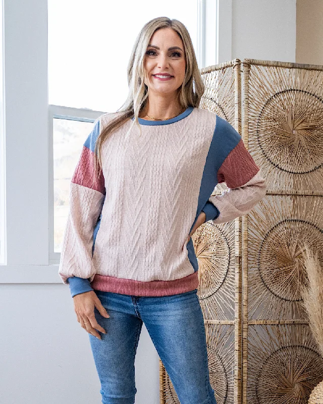 Knit StripedNEW! Elizabeth Cable Knit Color Block Top - Light Taupe