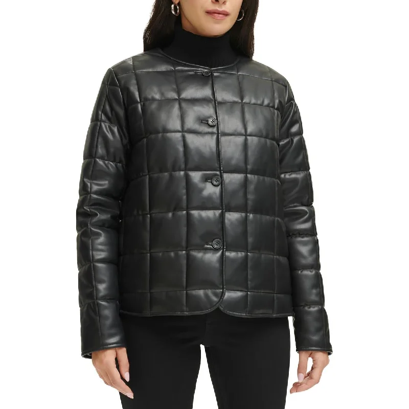 Parka JacketsCalvin Klein Womens Quiled Faux Leather Puffer Jacket