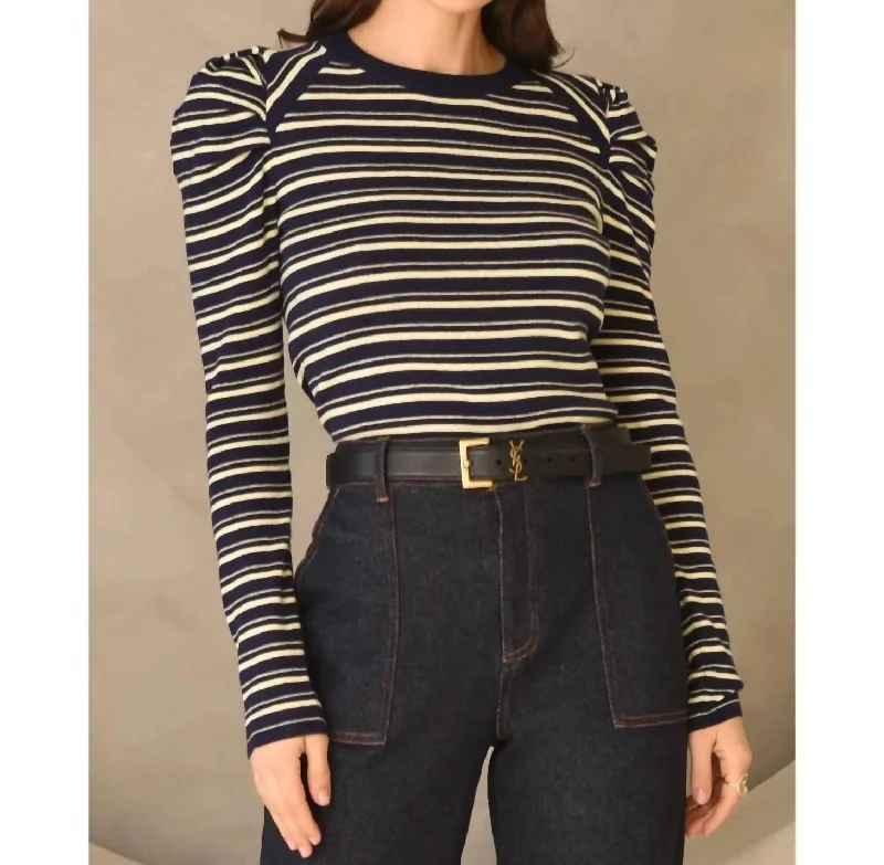 Knitted LayeredWally Stripe Knit Tee Top In Navy-Lemon