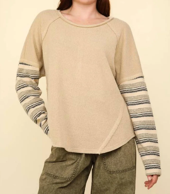 Knitted SolidContrast Striped Sleeve Detail Casual Knit Top In Taupe