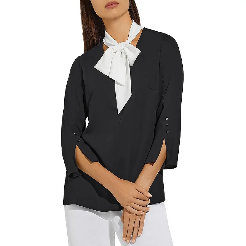 Relaxed Fit ShirtsWomens Solid Neck Tie Blouse