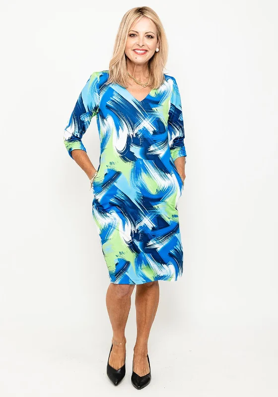 Leon Collection Brushstroke Print Shift Dress, Blue & GreenEthnic Dress