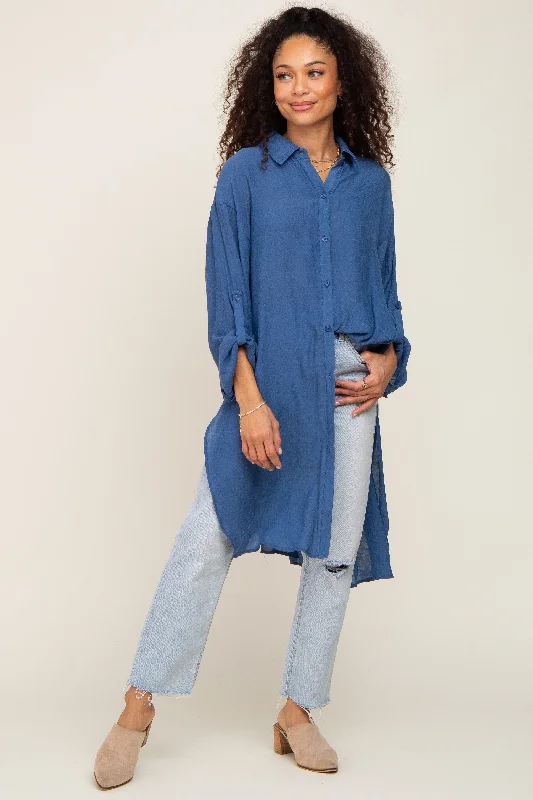 Plush ShirtsBlue Button Front Side Slit Oversized Blouse