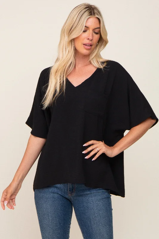 Hemp ShirtsBlack Oversized V-Neck Pocket Front Blouse