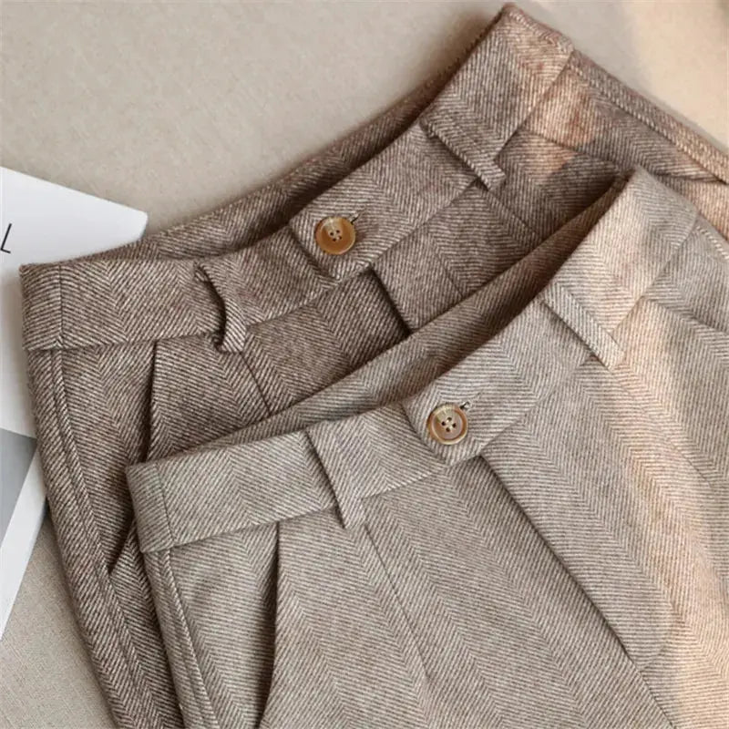 Woolen Pants Women's Harem Pencil Pants 2022 Autumn Winter High Waisted Casual Suit Pants Office Lady Woolen TrousersFlat-front