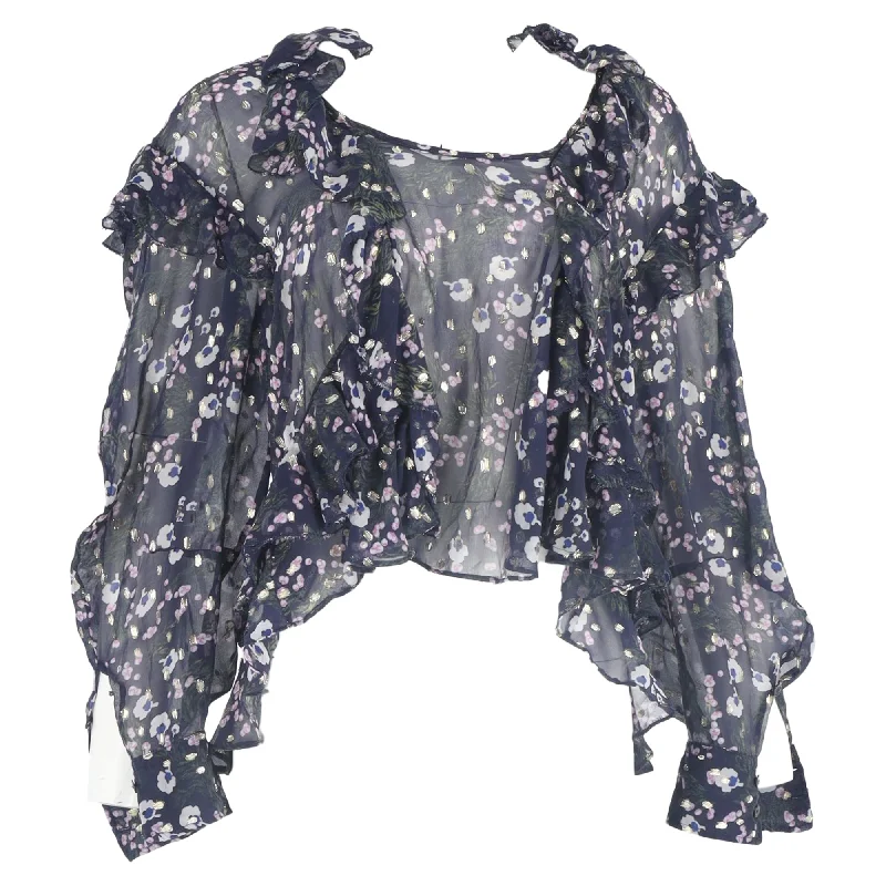 Tasseled ShirtsIsabel Marant Floral Printed Ruffle Trimmed Blouse in Blue Silk