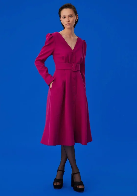 Exquise Belted V Neck Midi Dress, FuchsiaShort-sleeve Dress