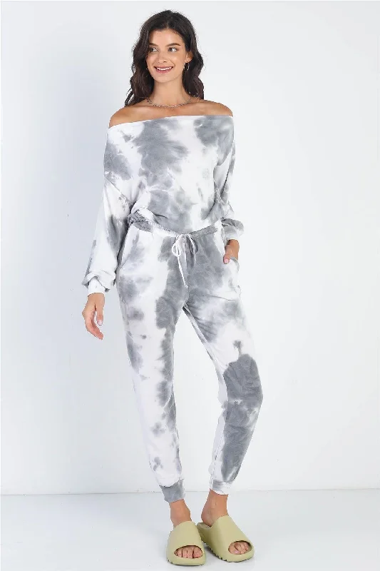 Charcoal Tie-Dye Off-The-Shoulder Top High Waist Pants SetPlaid Pants