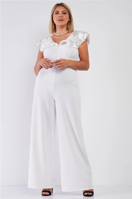 Junior Plus Ivory Sleeveless Satin Ruffle Shoulder Detail V-Neck Wide Leg Jumpsuit /1-1-1VNeckTopBronze