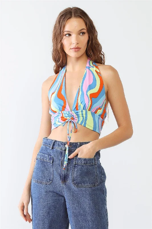 Multicolor Abstract Print Halter V-Neck Ruched Open Back Crop Top /3-2-1VNeckTopNova