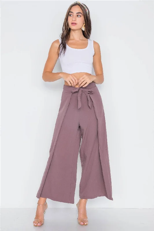 Plum High-Waist Front-Tie Wide Leg Pants /3-2-1Flat-front