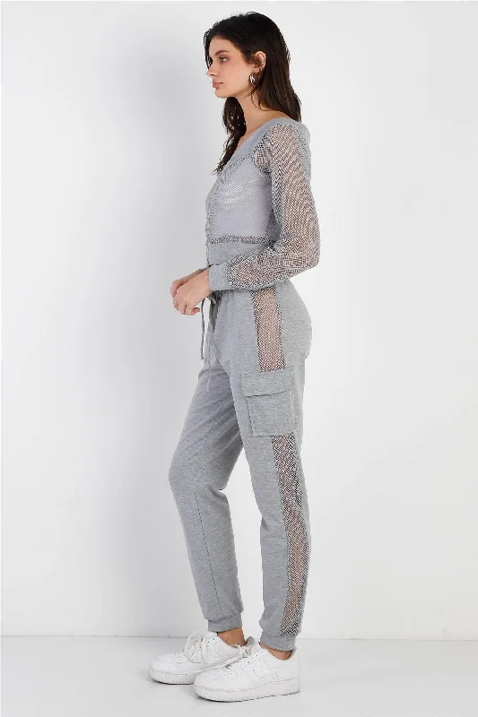 Heather Grey Contrast Fishnet Zip-Up Top & Pants Set /2-2-2Denim Jeans