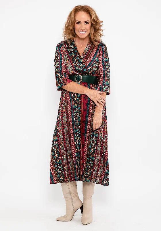 Seventy1 Multi Print Pleated Maxi Dress, Red MultiStriped Dress