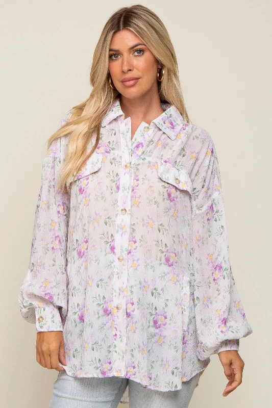 Sheer ShirtsLavender Pleated Floral Oversized Blouse