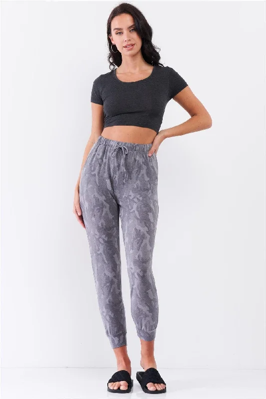 Grey Camo Print Loose Fit High-Waisted Elasticated Self-Tie Drawstring Waistline Track Pants /3-2-1Jumpsuits