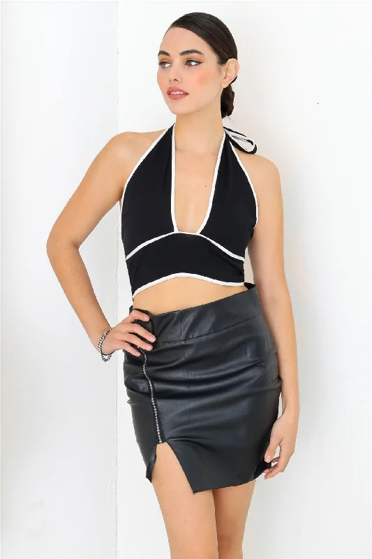 Black & White V-Neck Self-Tie Smocked Back Crop Top /3-2-1VNeckTopFlow