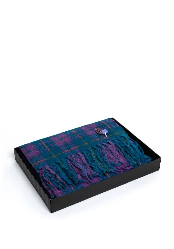 Serafina Collection Plaid Scarf & Brooch Gift Set, Blue