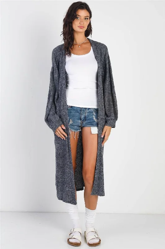 Charcoal Knit Open Front Two Pocket Long Sleeve Cardigan /1-1-1