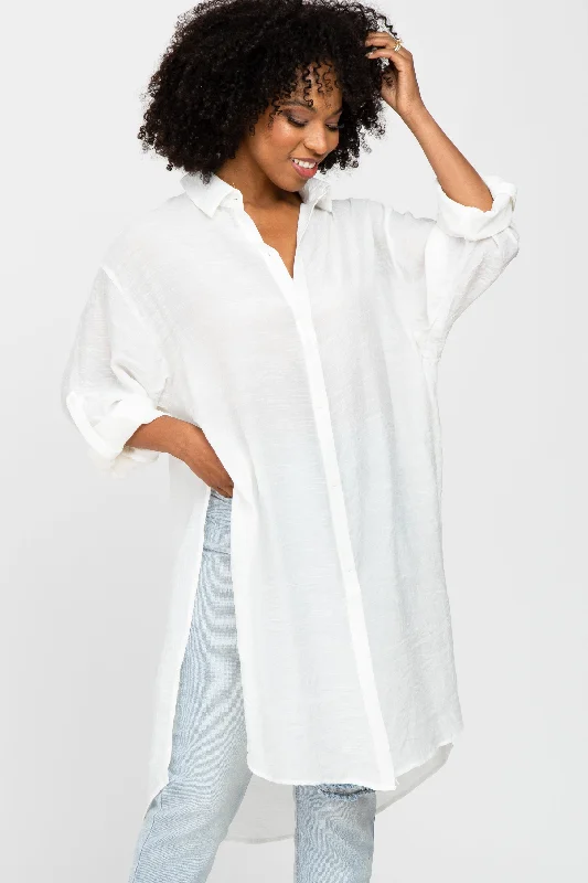 Travel ShirtsIvory Button Front Side Slit Oversized Blouse