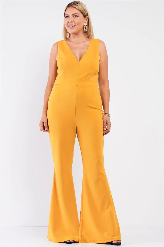 Junior Plus Mustard Sleeveless Deep Plunge V-Neck Wide Leg Jumpsuit /1-1-1VNeckTopGriffin