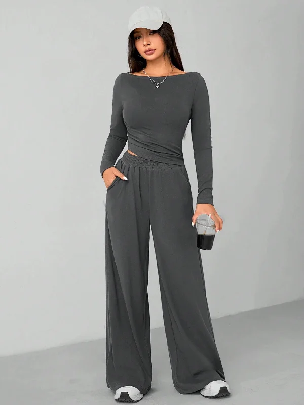 CASUAL 2PCS KNITTED SLIM TOP & WIDE LEG PANTSCasual Pants