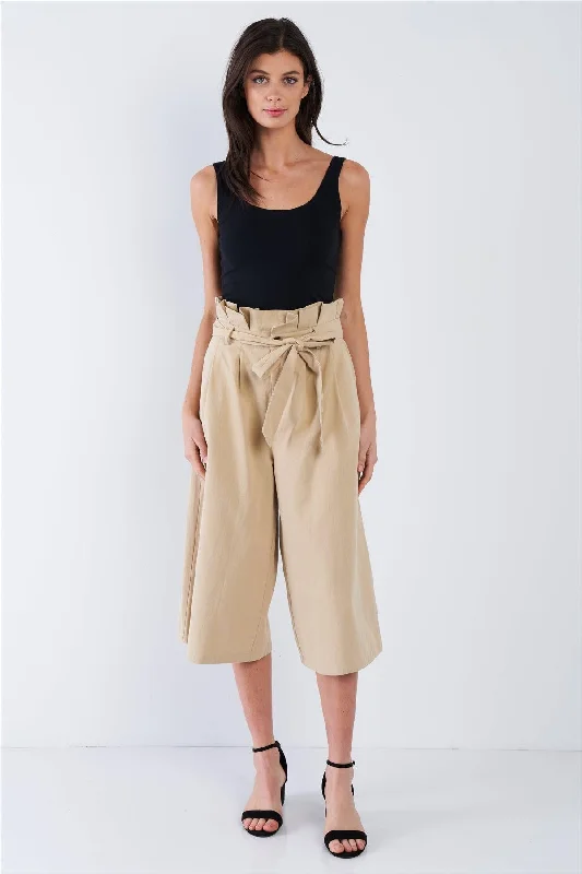 Beige Cotton Ruffle High Waist Wide Leg Gaucho Pants  /1-2-1Ski Pants