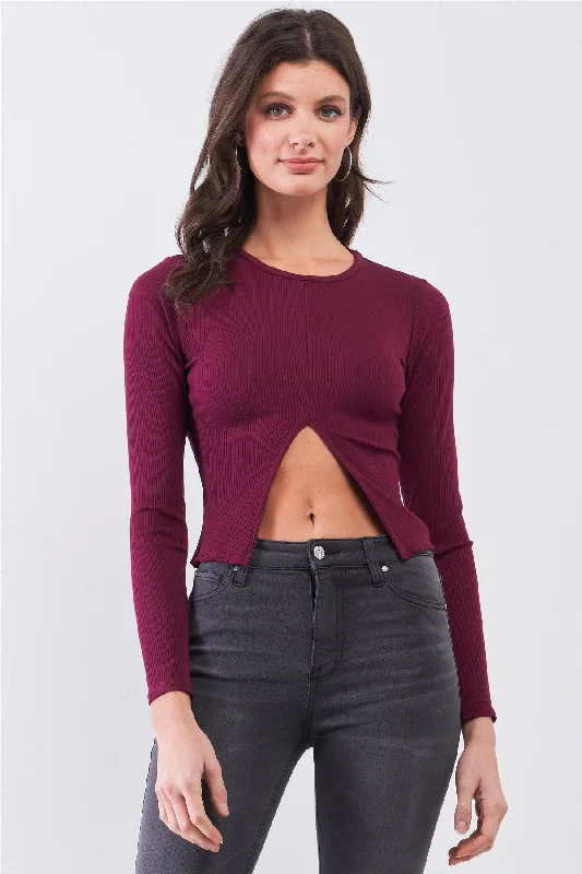 Burgundy Ribbed Long Sleeve Front Belly Button Slit Detail Top /2-2-2