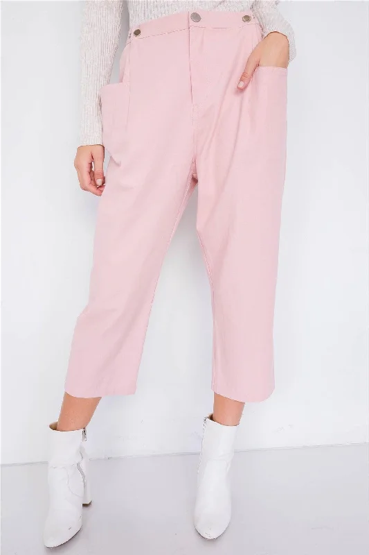 Dust Rose Chic Solid Ankle Wide Leg Adjustable Snap Waist Pants /2-1Wind Pants