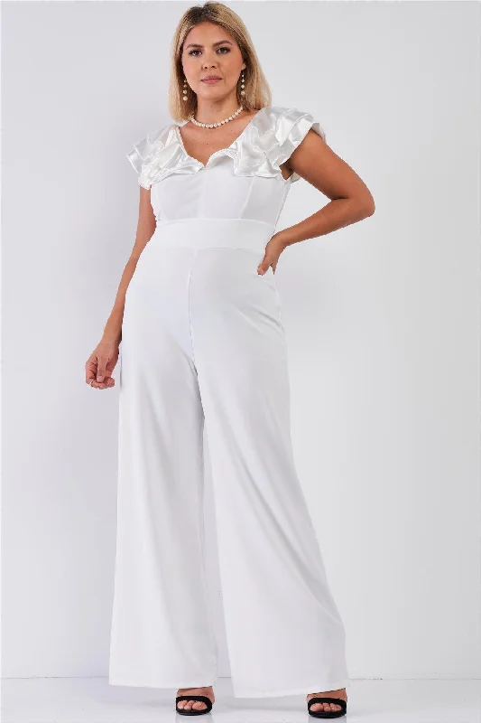 Junior Plus Ivory Sleeveless Satin Ruffle Shoulder Detail V-Neck Wide Leg Jumpsuit /1-2VNeckTopSilver