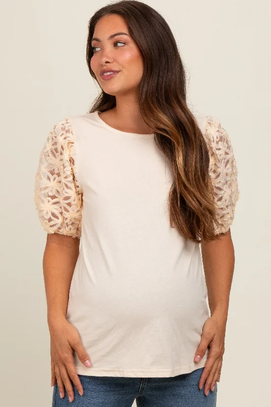 Logo ShirtsCream Floral Mesh Sleeve Maternity Blouse