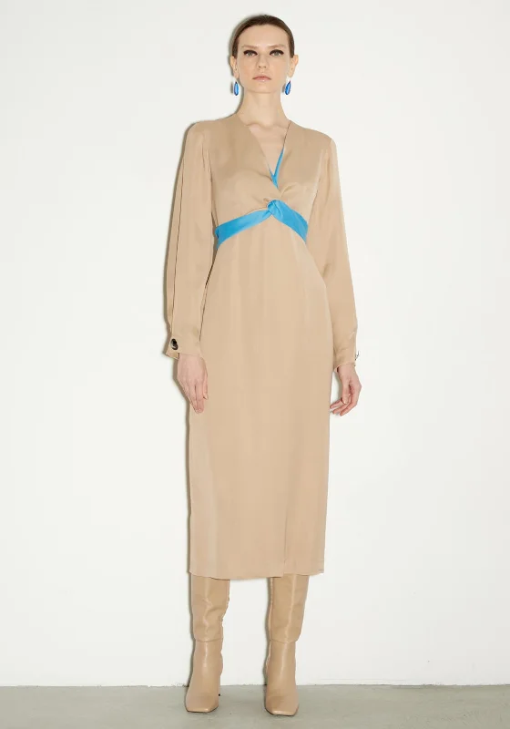 Birelin V Neck Midi Dress, Beige & BlueVictorian Dress