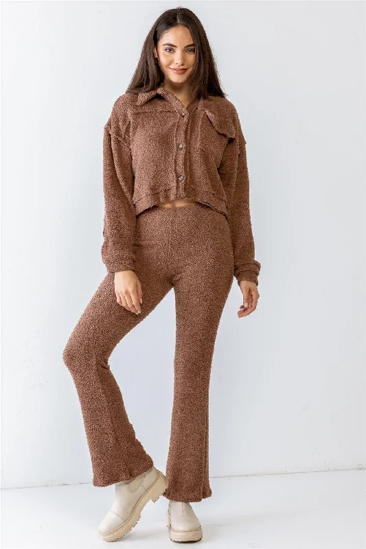 Mocha Teddy Knit Collared Neck Button-Up Two Pocket Top & High Waist Pants Set /1-2-2-1Skorts