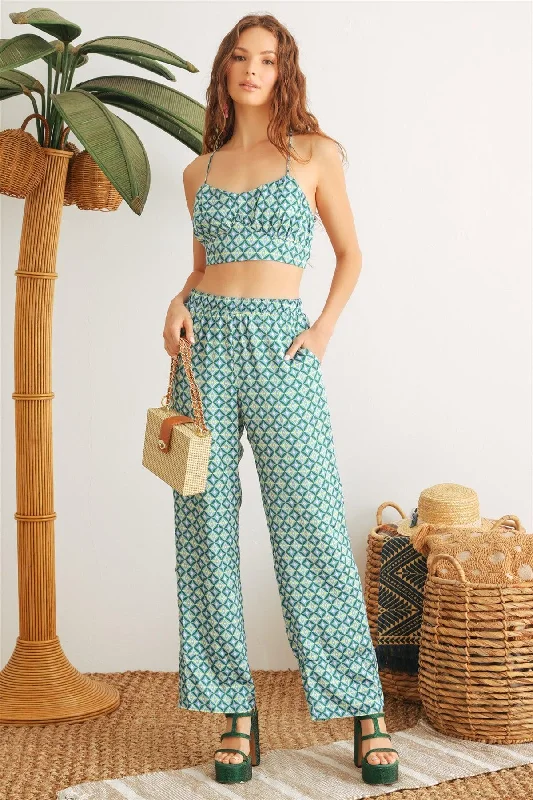 Blue & Lime Abstract Satin Sleeveless Crop Top & High Waist Wide Leg Pants Set /1-2-2-1Hunting Pants