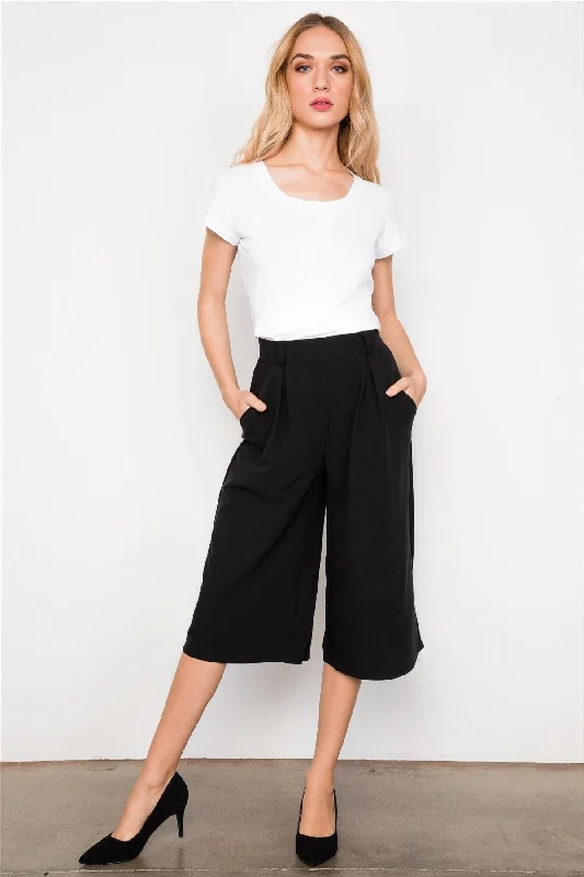 Black Cropped Wide Leg High Waist Pants / 2-2-2Printed Pants