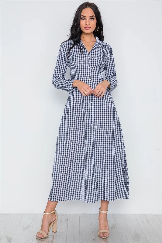 Blue Gingham Print Long Sleeve Button Down Shirt Maxi Dress /2-2-2