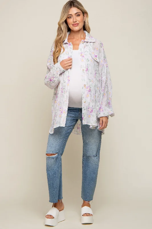 Layered ShirtsLavender Pleated Floral Oversized Maternity Blouse