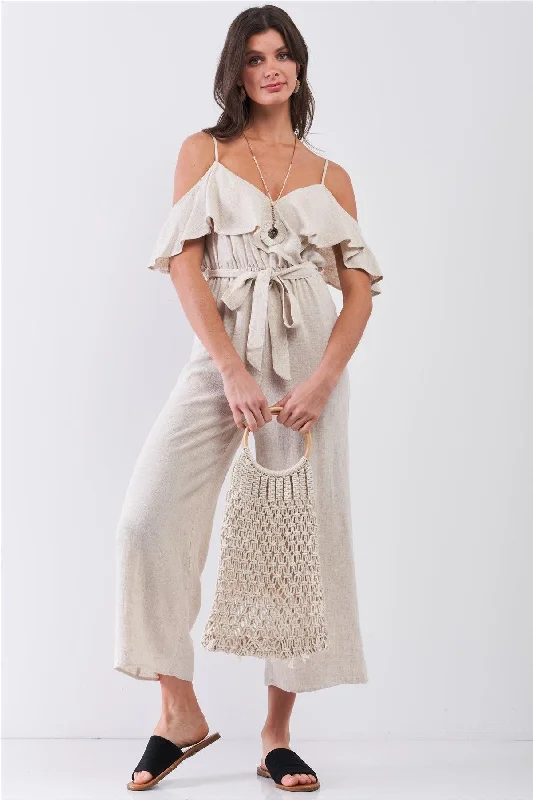 Oatmeal Natural Linen Off-The-Shoulder V-Neck Ruffle Hem Wide Leg Maxi Jumpsuit /3-2-1VNeckTopGladiator