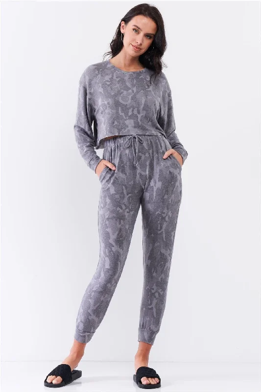 Grey Camo Print Tracksuit Loose Fit Dropped Shoulder Round Neck Long Sleeve Cropped Top High-Waisted Elasticated Self-Tie Drawstring Waistline Pants Set /3-2-1Embroidered Pants