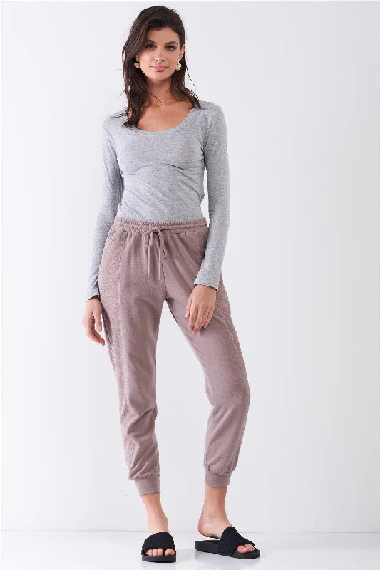 Mocha Brown Brushed Inside-Out Sides Trim Mid-Rise Relaxed Jogger Sweatpants /4-2Lounge Pants