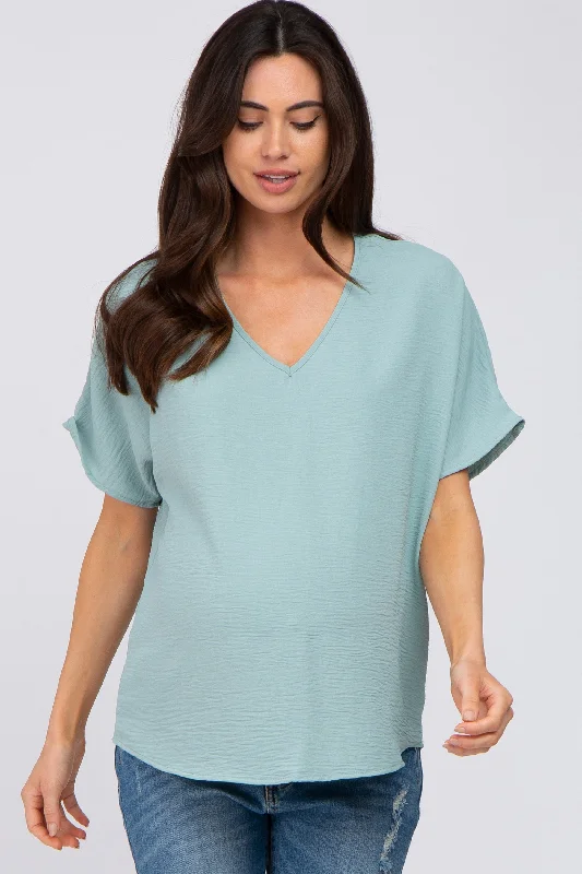 Chambray ShirtsLight Jade Short Sleeve Maternity Blouse