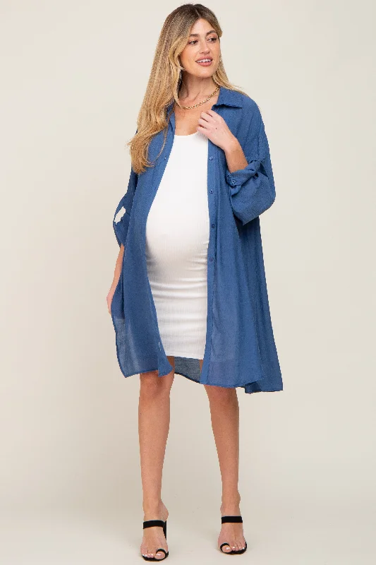 Linen ShirtsBlue Button Front Side Slit Oversized Maternity Blouse