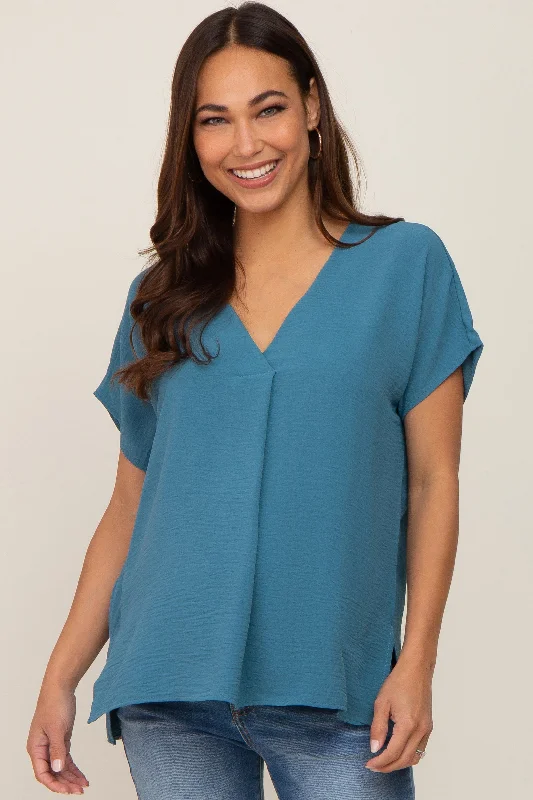 Casual ShirtsTeal Oversized V-Neck Maternity Blouse