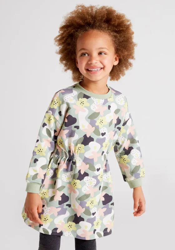 Mayoral Girls Floral Pattern Long Sleeve Dress, Mint GreenRain Dress