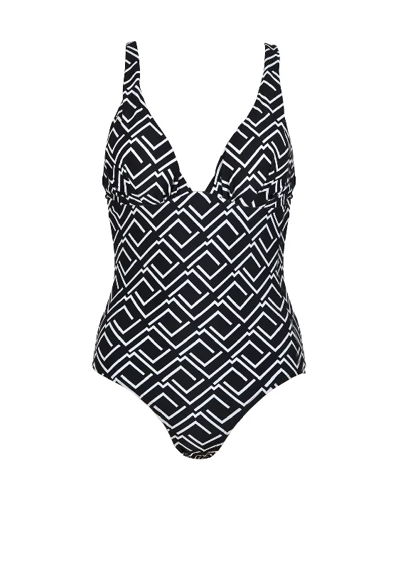 Naturana V-neck Print Swimsuit, BlackVNeckTopCurrent