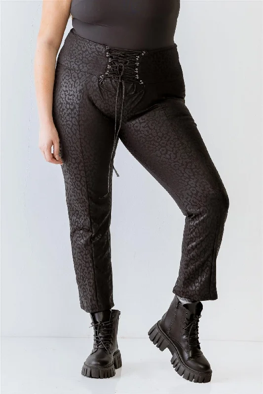 Junior Plus Black Leopard Print Lace-Up Detail Fitted Pants /2-1-1Biker Pants