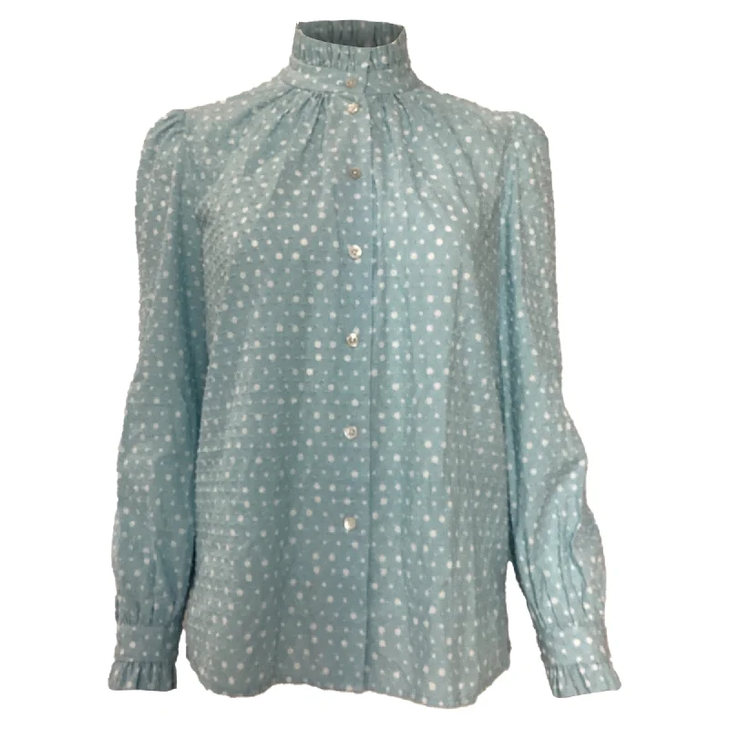 Longline ShirtsMarc Jacobs Polka Swiss Dot Ruffled Neck Blouse in Blue Cotton