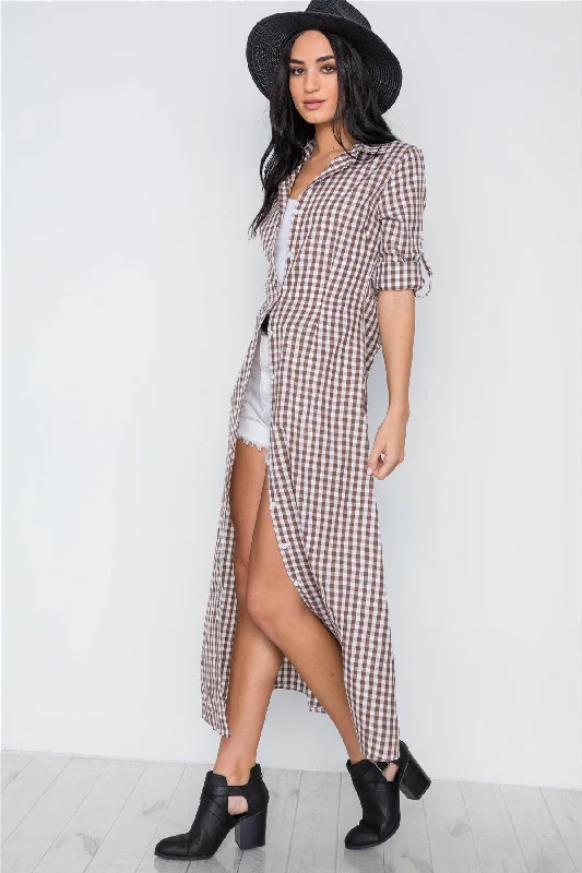 Brown Gingham Print Long Sleeve Button Down Shirt Maxi Dress /2-1-2