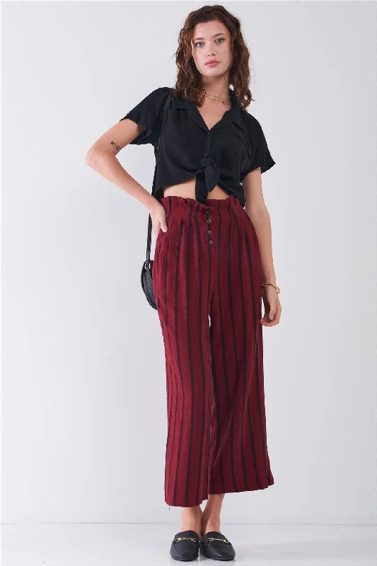 Wine & Black Linen Striped Frill Hem Button-Down High Waist Wide Leg Capri Pants /3-2Cycling Pants