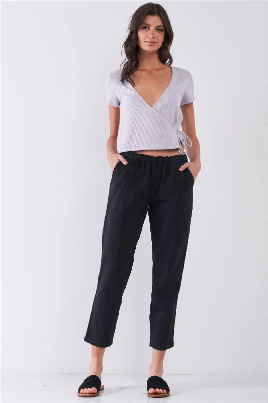 Black Mid-Rise Elasticated Waist Ankle Length Pants /3-2-1Pleated Pants