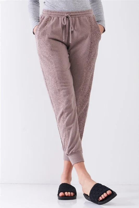 Mocha Brown Brushed Inside-Out Sides Trim Mid-Rise Relaxed Jogger Sweatpants /3-2-1Coveralls